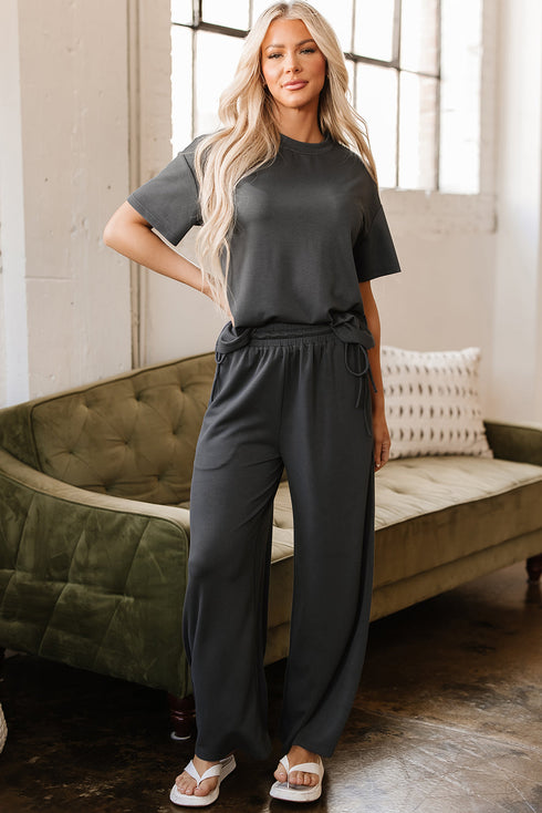 Solid Drawstring Side Crewneck Wide Leg Pant Set
