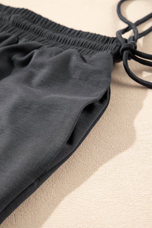 Solid Drawstring Side Crewneck Wide Leg Pant Set