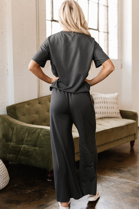 Solid Drawstring Side Crewneck Wide Leg Pant Set