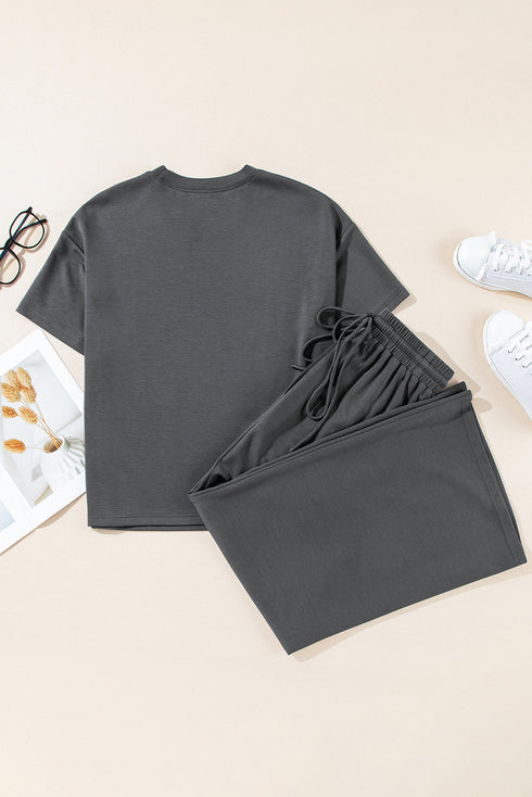 Solid Drawstring Side Crewneck Wide Leg Pant Set