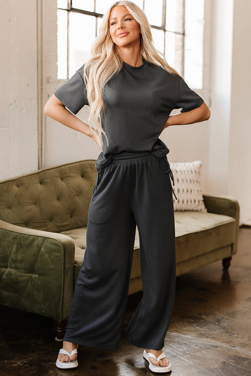 Solid Drawstring Side Crewneck Wide Leg Pant Set
