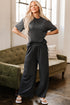 Solid Drawstring Side Crewneck Wide Leg Pant Set