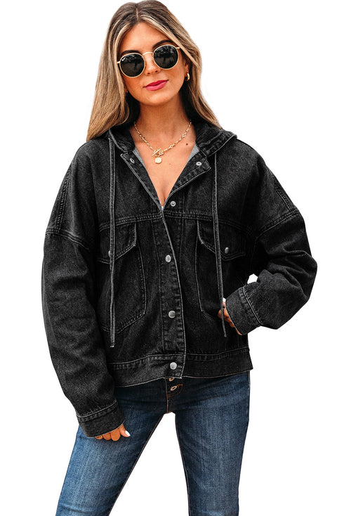 Solid Drop Shoulder Big Pocket Hooded Denim Jacket