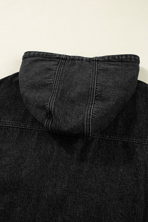 Solid Drop Shoulder Big Pocket Hooded Denim Jacket