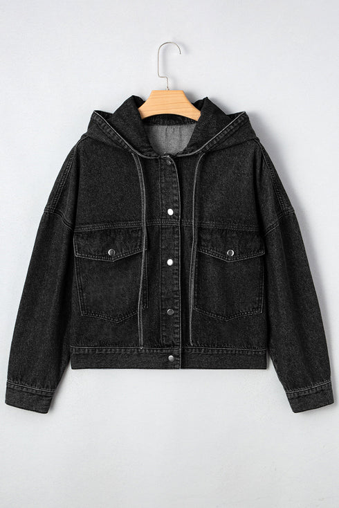 Solid Drop Shoulder Big Pocket Hooded Denim Jacket