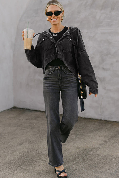 Solid Drop Shoulder Big Pocket Hooded Denim Jacket