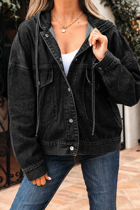 Solid Drop Shoulder Big Pocket Hooded Denim Jacket