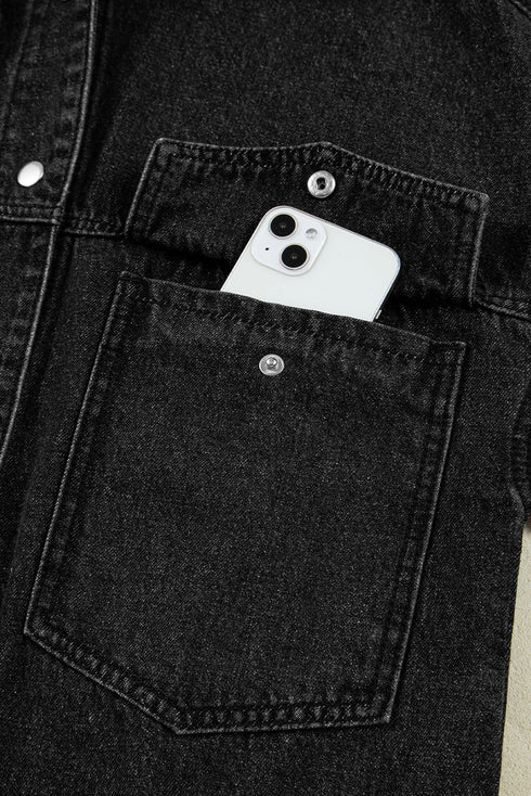 Solid Drop Shoulder Big Pocket Hooded Denim Jacket