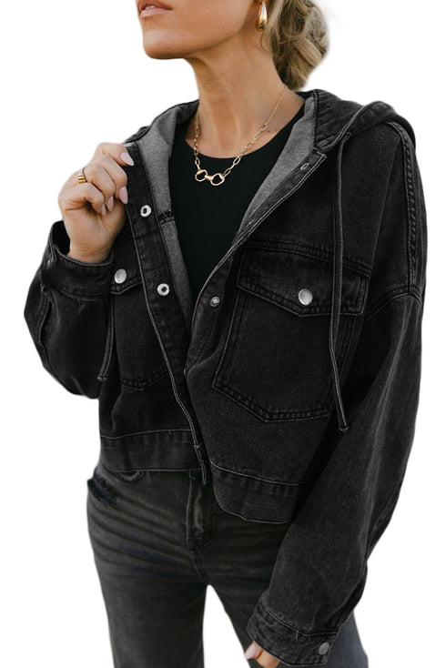 Solid Drop Shoulder Big Pocket Hooded Denim Jacket