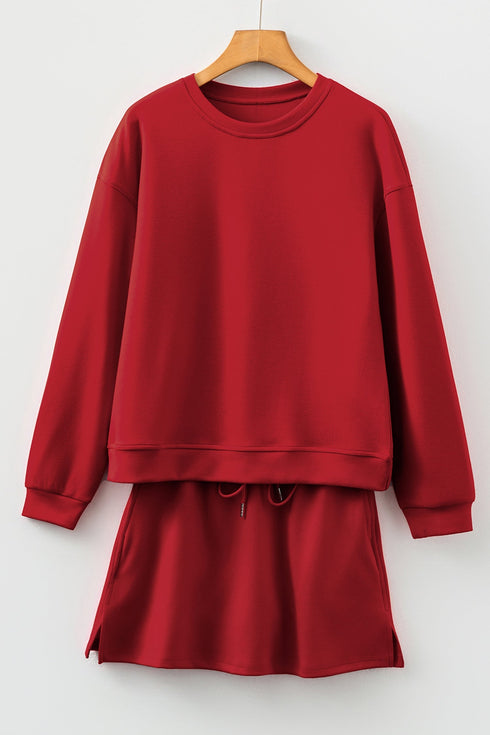 Solid Drop Shoulder Pullover Drawstring Mini Skirt Two Piece Dress