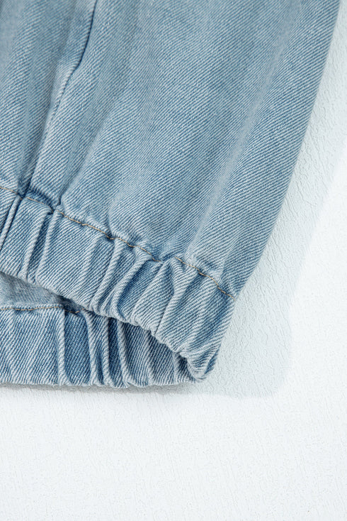 Solid Elastic Hem Collared Zip Up Denim Jacket