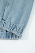Solid Elastic Hem Collared Zip Up Denim Jacket