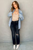 Solid Elastic Hem Collared Zip Up Denim Jacket