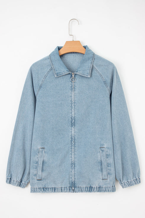 Solid Elastic Hem Collared Zip Up Denim Jacket