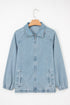 Solid Elastic Hem Collared Zip Up Denim Jacket