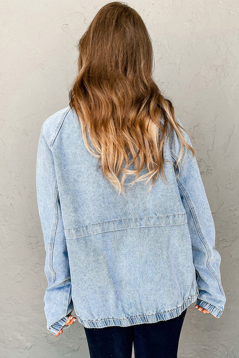 Solid Elastic Hem Collared Zip Up Denim Jacket