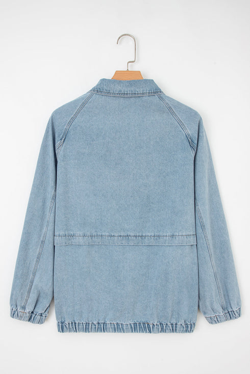 Solid Elastic Hem Collared Zip Up Denim Jacket