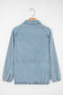 Solid Elastic Hem Collared Zip Up Denim Jacket