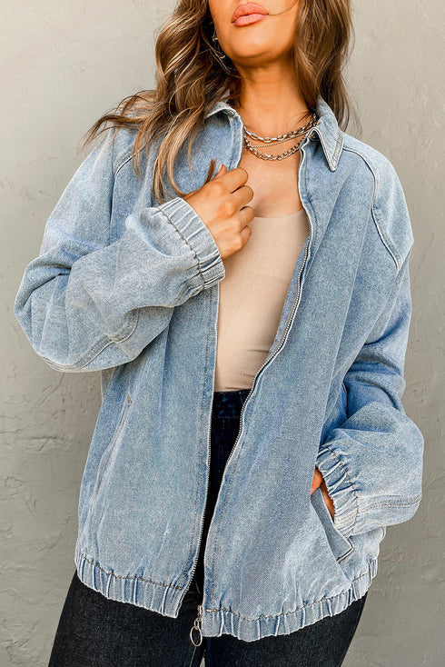 Solid Elastic Hem Collared Zip Up Denim Jacket