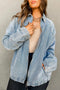 Solid Elastic Hem Collared Zip Up Denim Jacket