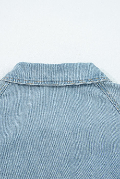 Solid Elastic Hem Collared Zip Up Denim Jacket
