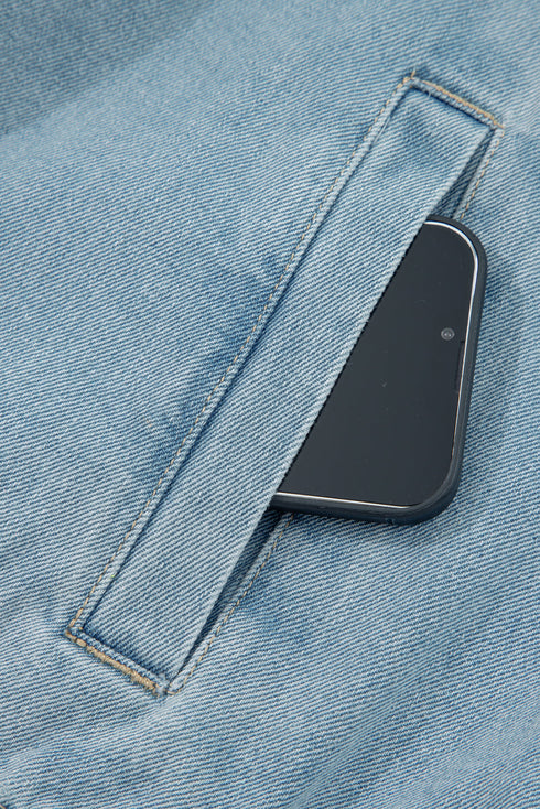 Solid Elastic Hem Collared Zip Up Denim Jacket