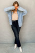 Solid Elastic Hem Collared Zip Up Denim Jacket