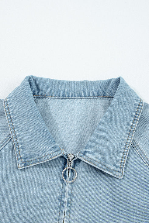 Solid Elastic Hem Collared Zip Up Denim Jacket