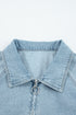 Solid Elastic Hem Collared Zip Up Denim Jacket