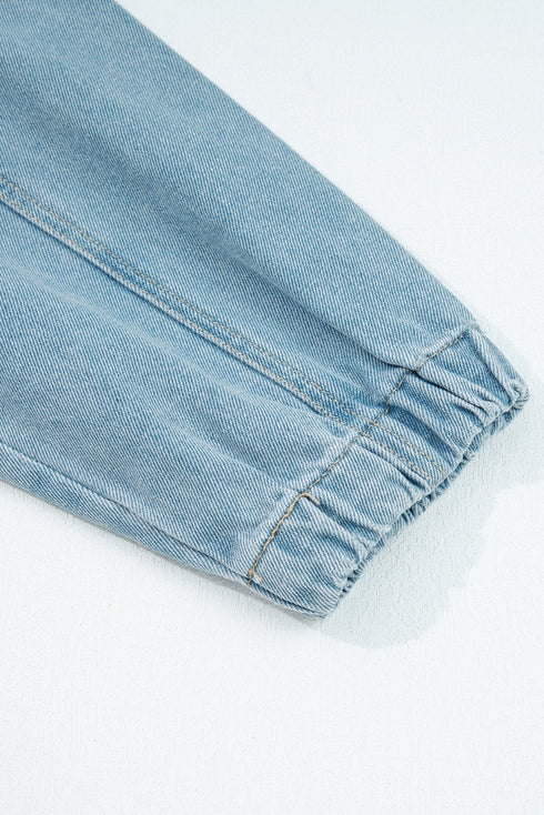Solid Elastic Hem Collared Zip Up Denim Jacket