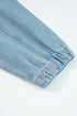 Solid Elastic Hem Collared Zip Up Denim Jacket