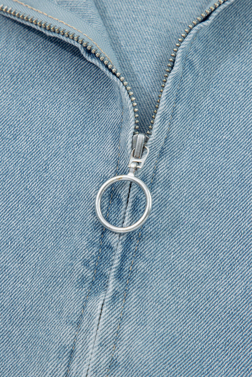 Solid Elastic Hem Collared Zip Up Denim Jacket