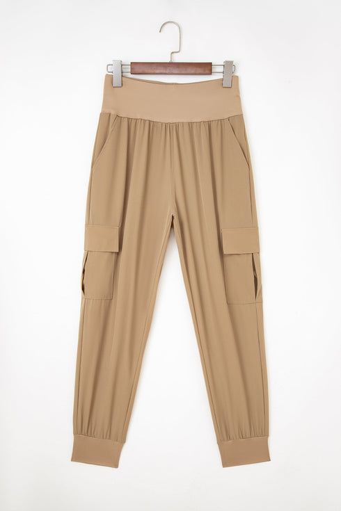 Solid Elastic High Waist Pocketed Cargo Jogger Pants