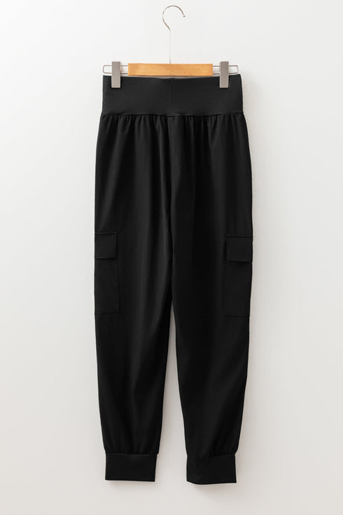 Solid Elastic High Waist Pocketed Cargo Jogger Pants