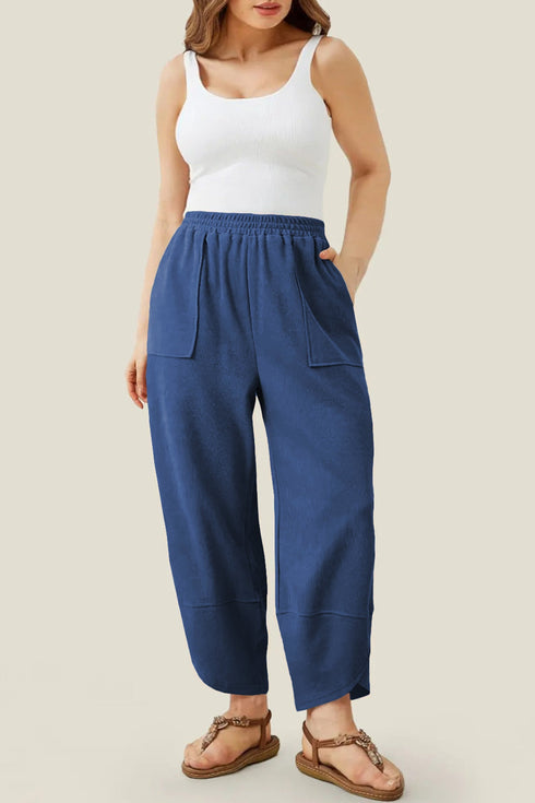 Solid Elastic Waist Asymmetrical Hem Loose Capri Pants