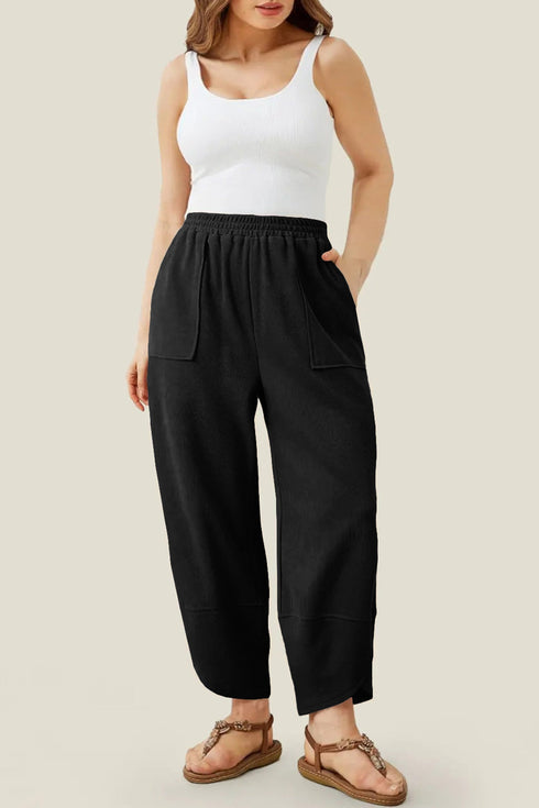Solid Elastic Waist Asymmetrical Hem Loose Capri Pants