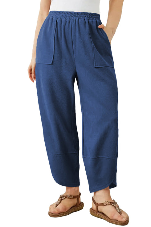 Solid Elastic Waist Asymmetrical Hem Loose Capri Pants