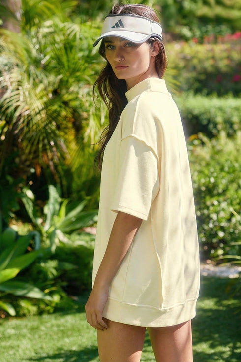 Solid Exposed Seam Mock Neck Oversized Tee Short Set