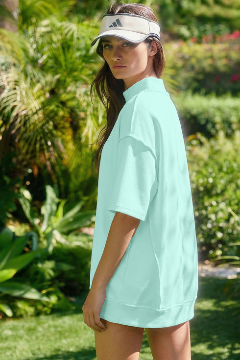 Solid Exposed Seam Mock Neck Oversized Tee Short Set