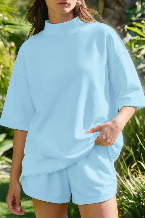 Solid Exposed Seam Mock Neck Oversized Tee Short Set