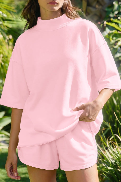 Solid Exposed Seam Mock Neck Oversized Tee Short Set