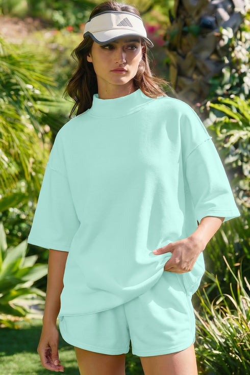 Solid Exposed Seam Mock Neck Oversized Tee Short Set