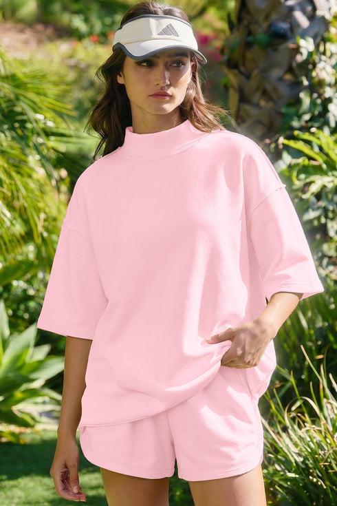 Solid Exposed Seam Mock Neck Oversized Tee Short Set