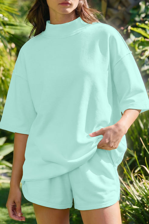 Solid Exposed Seam Mock Neck Oversized Tee Short Set