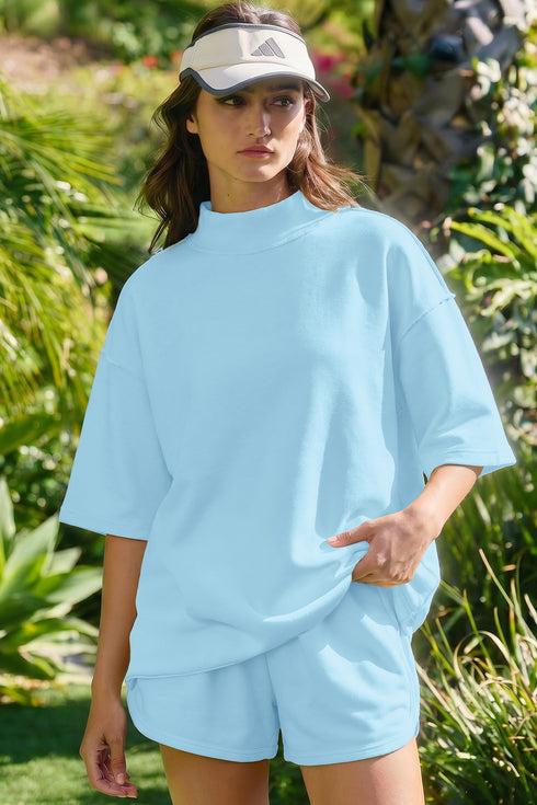 Solid Exposed Seam Mock Neck Oversized Tee Short Set