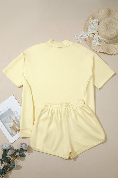 Solid Exposed Seam Mock Neck Oversized Tee Short Set