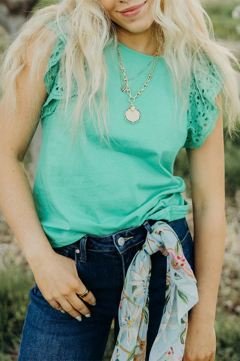 Solid Eyelet Lace Ruffled Cap Sleeve Tank Top