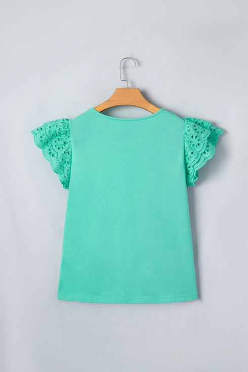 Solid Eyelet Lace Ruffled Cap Sleeve Tank Top