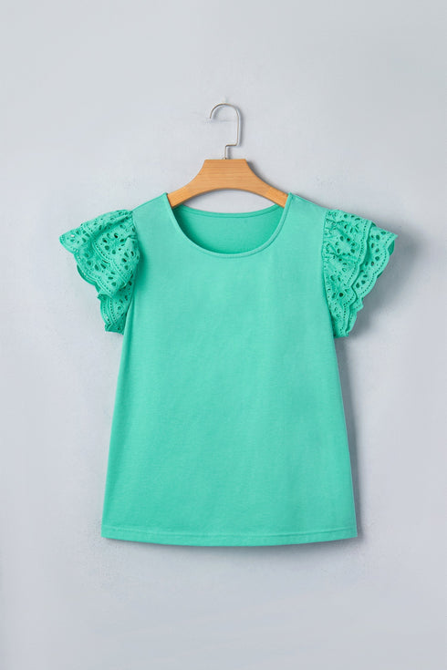 Solid Eyelet Lace Ruffled Cap Sleeve Tank Top