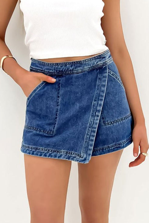 Solid Faux Wrap Front Mini Casual Denim Shorts